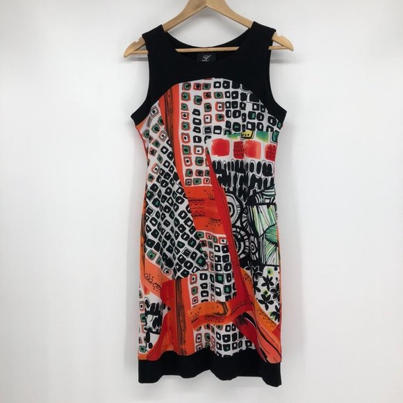 Libra Bright Orange and black abstract geometric print sleeveless midi dress Med - Picture 14 of 14